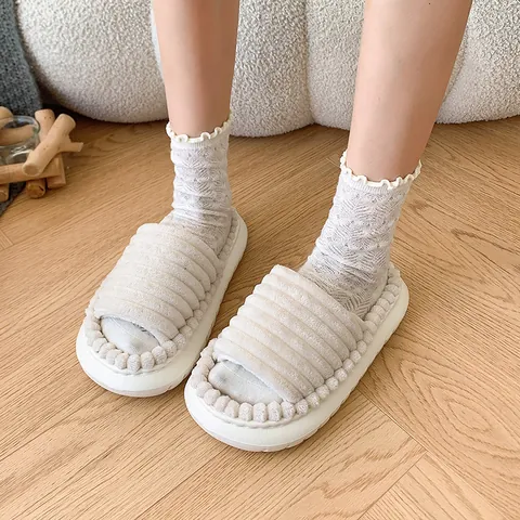 Pantuflas de Peluche para Mujer Suela Gruesa Cálida Punta Abierta Zapatos de Casa Informales Rayados Chanclas Peludas