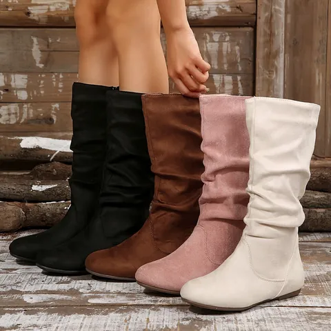 Women Faux Suede Slouchy Mid Calf Boots Flat Western Slouch Boots With Side Zipper For Autumn Winter Casual Daily Wear