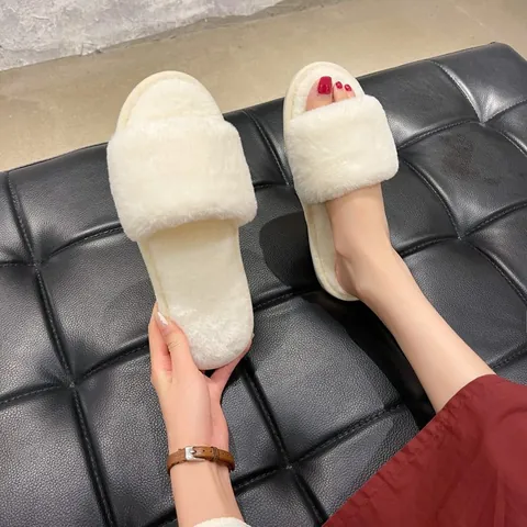 Women Faux Fur Slippers Open Toe Flat Fuzzy Indoor House Shoes Autumn Winter Warm Plush Slides For Lady Home Daily Wear