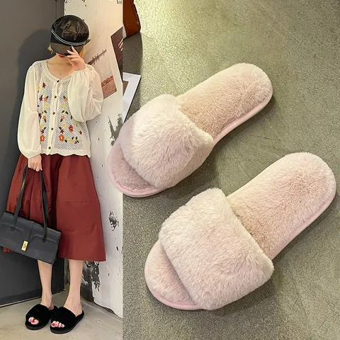Women Faux Fur Slippers Open Toe Flat Fuzzy Indoor House Shoes Autumn Winter Warm Plush Slides For Lady Home Daily Wear