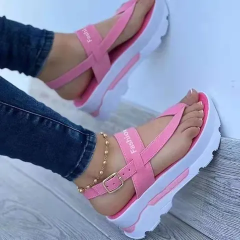 Damen Sommer Plateau Keilabsatz Zehensteg Sandalen Übergröße Einfarbig Schnallenriemen Mode Plateau Flip Flops Rutschfeste Strand Schuhe