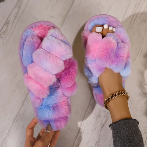 Pantuflas de Piel Sintética para Mujer Correas Cruzadas Suela Gruesa Suave Cálido Peluche Interior Exterior Zapatos de Casa