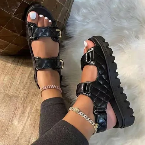 Damen Gesteppt Plateau Sandalen Casual Klettverschluss Riemchensandalen Wanderschuhe Dicke Sohle Strand Sandalen Plus Size PU Leder