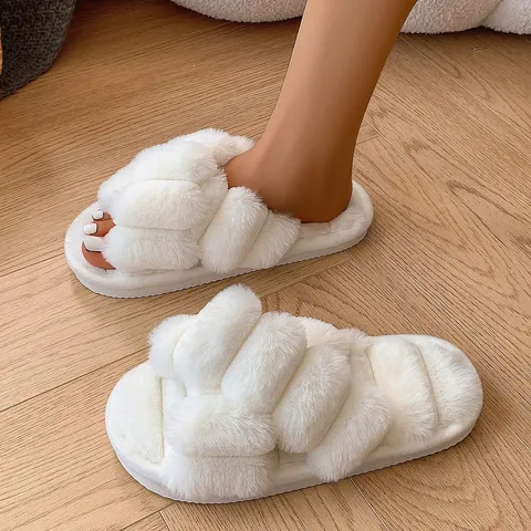 Pantuflas de Piel Sintética para Mujer Correas Cruzadas Suela Gruesa Suave Cálido Peluche Interior Exterior Zapatos de Casa