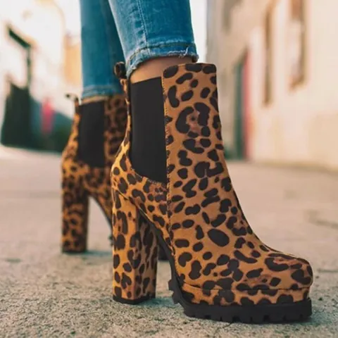 Stivaletti da Donna con Stampa Leopardata Europea Punta Arrotondata Tacco Largo Scarpe con Zeppa Stivali Martin Moda Invernali