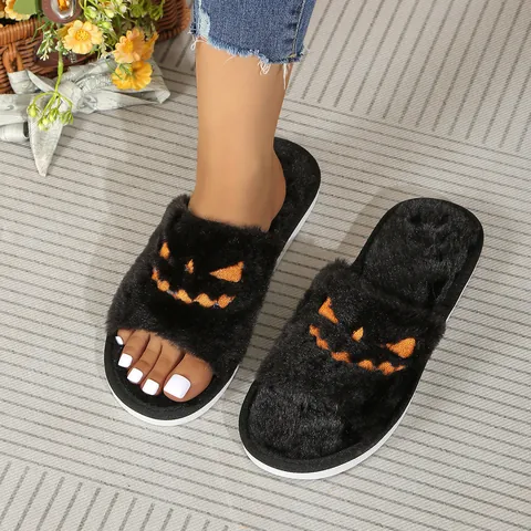 Women Halloween Pumpkin Plush Slippers Faux Fur Warm Flat Home Slides For Bedroom Outdoor Anti-Slip Festive Shoes Gift
