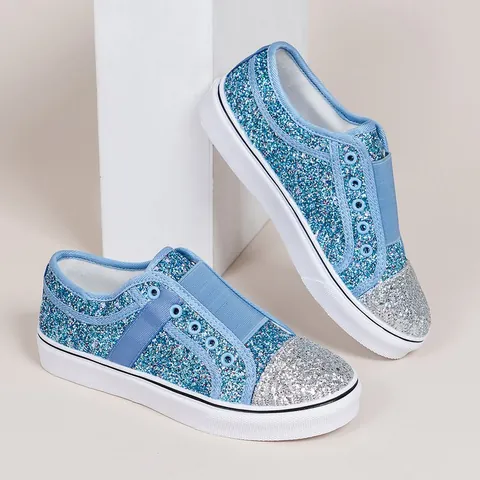 Women Fashion Sequin Patchwork Canvas Shoes Slip On Flat Sneakers Casual European Style Sparkly Moccasins Board Shoes For Daily Wear