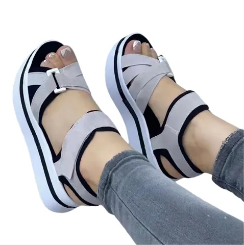 Women's Platform Sandals Casual Beach Shoes Microfiber Hook And Loop Thick Sole Color Block Summer Sandals Large Size