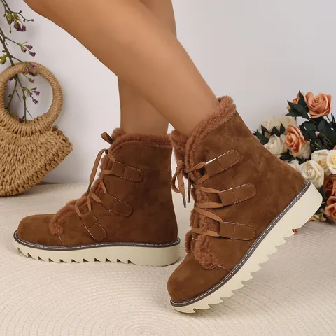 Women's Mid-Calf Snow Boots Winter Warm Fleece Lined Lace-up Flat Faux PU Leather Shoes For Outdoor Casual