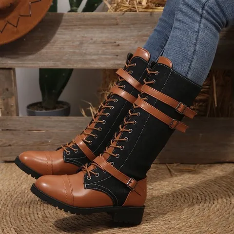 Stivali da Cavaliere al Ginocchio in Denim Color Block da Donna Similpelle Fibbia Stringati Cerniera Laterale Retrò