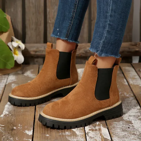 Stivali Martin da Donna in Camoscio Autunno Inverno Suola Spessa Stivali Chelsea Punta Arrotondata Tacco Largo Moda Casual