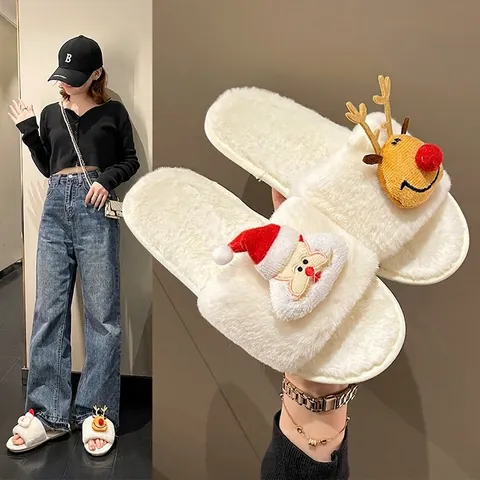 Women Cute Christmas Fuzzy Slippers Cartoon Santa Reindeer Plush Slippers Warm Flat Open Toe Faux Fur Home Indoor Slippers
