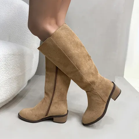 Women Over The Knee Boots Block Heel Suede Long Boots Side Zipper Pointed Toe Fashion Winter Boots Black Khaki Brown