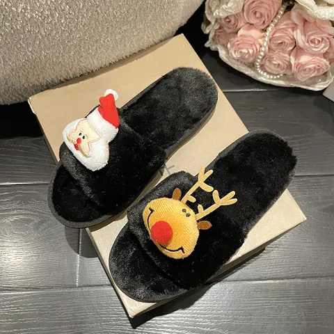 Women Cute Christmas Fuzzy Slippers Cartoon Santa Reindeer Plush Slippers Warm Flat Open Toe Faux Fur Home Indoor Slippers