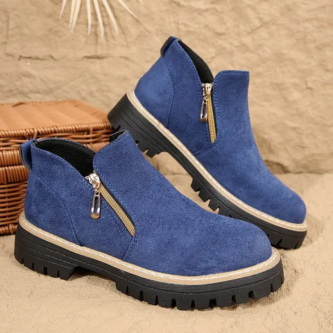 Women's Round Toe Side Zipper Martin Boots McQueen Style Faux Suede Chunky Heel Ankle Boots Casual Non-Slip Short Boots