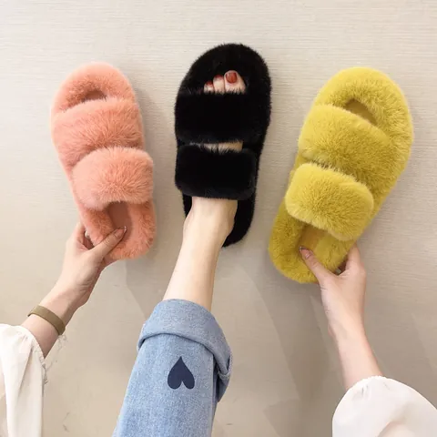 Women Faux Fur Slippers Platform Open Toe Cross Band Thick Sole Winter Warm Indoor Outdoor Plush House Shoes