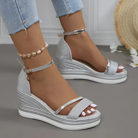 Women Glitter Wedge Sandals Peep Toe Platform Ankle Strap Shoes Sparkly High Heel Roman Style Summer Vacation Sandals