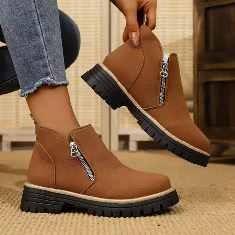 Women Fashion Suede Short Boots Chunky Heel Platform Side Zipper Ankle Boots Casual Fall Winter Large Size Boots For Daily
