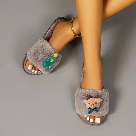 Women's Christmas Faux Fur Slippers Reindeer Tree Plush Open Toe Home Slides Soft Warm Non-Slip House Shoes Holiday Gift