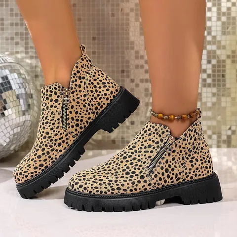 Dames Chelsea Boots met Luipaardprint Blokhak Ronde Neus Zijrits Mode Korte Enkellaarsjes Herfst Winter Casual Schoenen