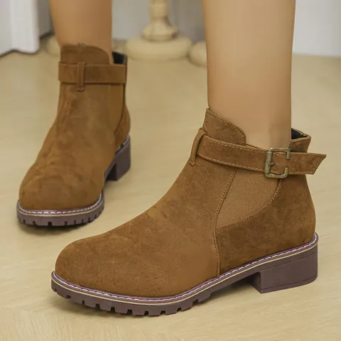 Women Suede Martin Boots Low Block Heel Ankle Boots with Belt Buckle Elastic Cuff Slip On Casual Fashion Winter Shoes