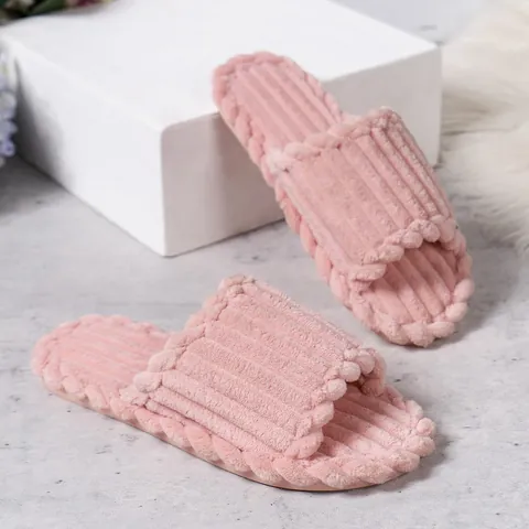 Women Corduroy Open Toe Slippers Warm Faux Fur Lining Indoor Home Shoes Striped Braided Edge Autumn Winter Soft Lady Slides