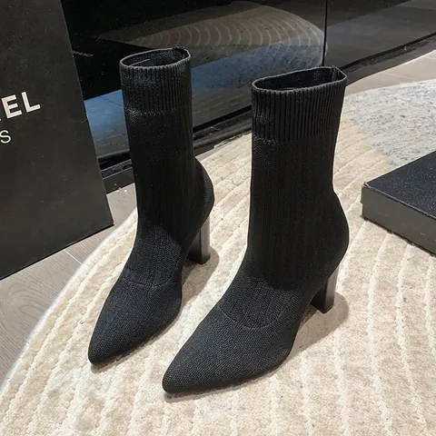 Women's Knitted Sock Boots Pointed Toe Block High Heel Mid-Calf Martin Boots With Electroplated Heel Autumn Winter Fashion Boots