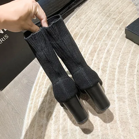 Women's Knitted Sock Boots Pointed Toe Block High Heel Mid-Calf Martin Boots With Electroplated Heel Autumn Winter Fashion Boots