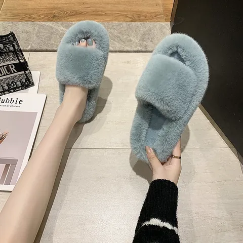 Women's Faux Fur Open Toe Flat Slippers Soft Plush Indoor Outdoor Warm Home Shoes Korean Style Casual Footwear