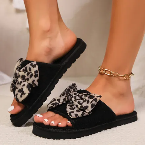 Women's Western Style Leopard Print Bow Platform Flat Slippers Casual Suede Slip-on Outer Wear Sandals Daily Fashion Beach Shoes