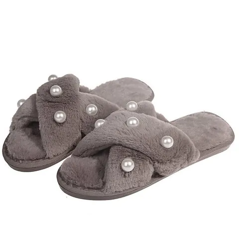Damen Kreuzband Plüsch Hausschuhe Mit Künstlicher Perlenverzierung Herbst Winter Warm Indoor Outdoor Flache Hausschuhe