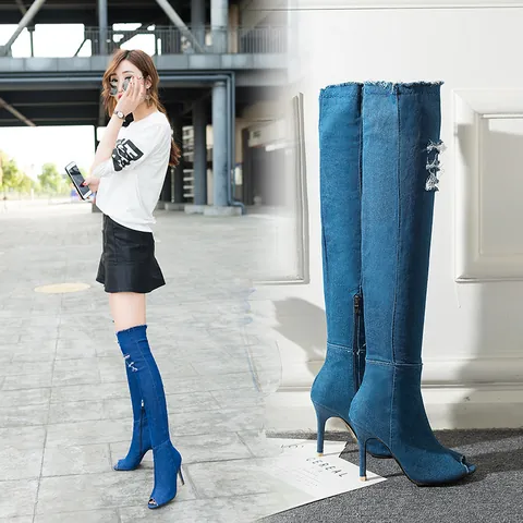 Women Denim Over-the-Knee Boots Peep Toe Stiletto High Heels Distressed Ripped Stretch Long Boots Side Zipper Streetwear Shoes