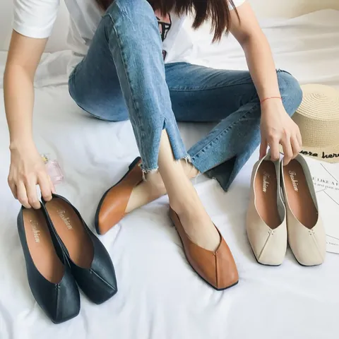 Scarpe Basse da Donna Punta Quadrata Stile Coreano Mocassini in Ecopelle Slip-on Casual Scarpe da Passeggio per Studenti