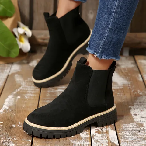 Stivali Martin da Donna in Camoscio Autunno Inverno Suola Spessa Stivali Chelsea Punta Arrotondata Tacco Largo Moda Casual