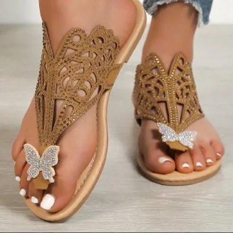 Damen Sommer Mode Schmetterling Strass Zehentrenner Hohl Flügel Sandalen Lässig Flach Strand Schuhe Übergröße