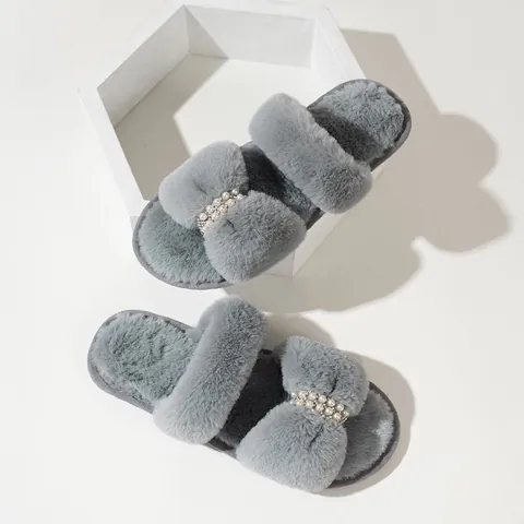 Women Fuzzy Slippers Rhinestone Artificial Pearl Decor Open Toe Plush House Shoes Warm Flat Faux Fur Indoor Slides