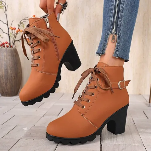 Women's Chunky Heel Martin Boots Retro Lace-Up Combat Boots With Side Zipper Microfiber Leather Ankle Boots Round Toe Shoes