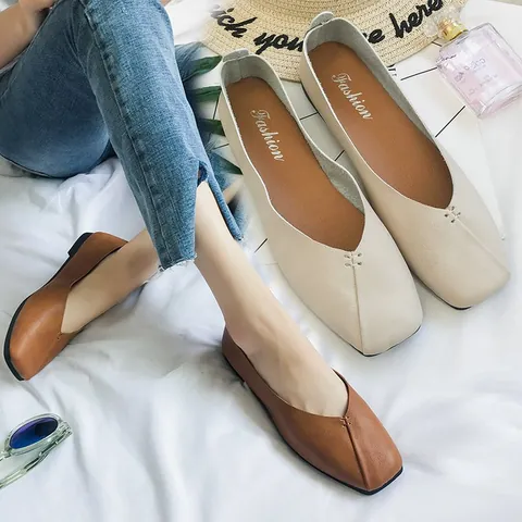 Scarpe Basse da Donna Punta Quadrata Stile Coreano Mocassini in Ecopelle Slip-on Casual Scarpe da Passeggio per Studenti