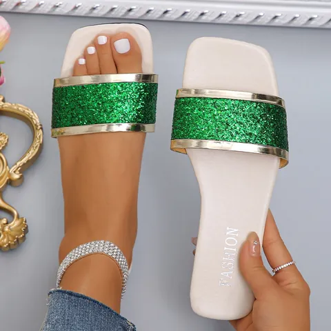 Women Square Toe Glitter Slides Summer Flat Sandals Gold Trim Faux Leather Sequin Casual Slip On Shoes For Outdoor Daily Use
