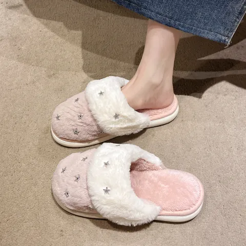 Women's Winter Plush Slippers Warm Faux Fur Lining Star Rhinestone Decoration Indoor Home Non-slip Slippers