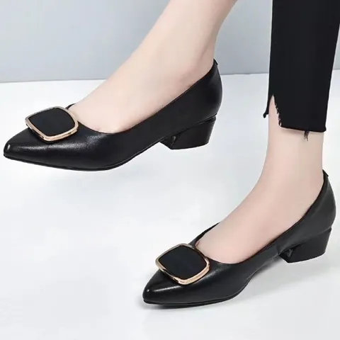 Women Chunky Heel Single Shoes Pointed Toe Metal Buckle Shallow Mouth Soft Sole Work Office Fashion PU Leather Pumps