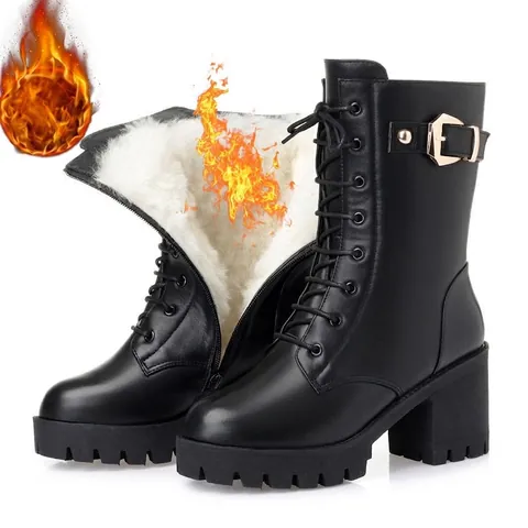 Women Mid-Calf Martin Boots Artificial PU Leather High Thick Heel Warm Fleece Lined Lace-up Side Zipper Winter Shoes Black