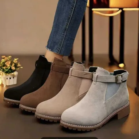 Women Suede Martin Boots Low Block Heel Ankle Boots with Belt Buckle Elastic Cuff Slip On Casual Fashion Winter Shoes