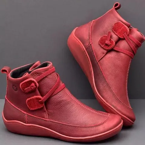 Women Retro Artificial PU Leather Ankle Boots Flat Winter Warm Plush Lined Short Boots Casual Round Toe Buckle Straps Booties