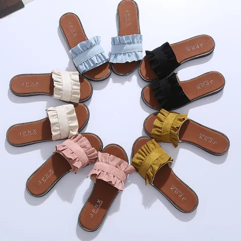 Dames Suède Ruffled Slides Minimalistisch Effen Kleur Platte Slippers Lichtgewicht Antislip Casual Strand Sandalen Outdoor Vrijetijdsschoenen
