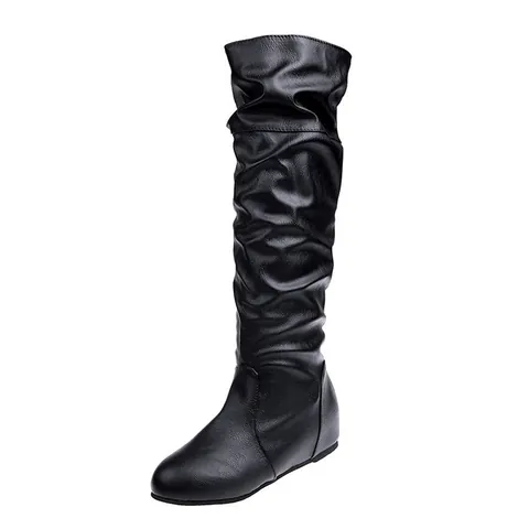 Slouchy Kniehoge Laarzen Voor Dames Slouchy PU Leer Ronde Neus Platte Hoge Rijlaarzen Effen Kleur Mode Schoenen