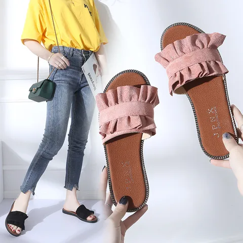 Dames Suède Ruffled Slides Minimalistisch Effen Kleur Platte Slippers Lichtgewicht Antislip Casual Strand Sandalen Outdoor Vrijetijdsschoenen
