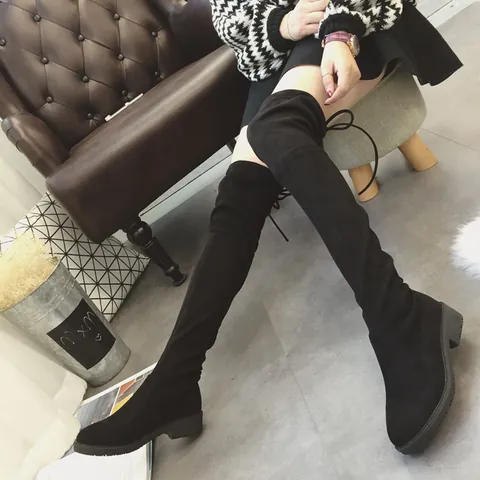 Women Over The Knee Boots Suede Slimming Stretchy Round Toe Block Heel Riding Boots Fashion Autumn Winter Long Boots Black