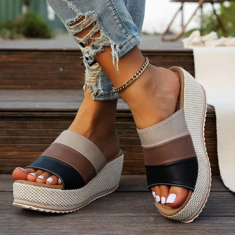 Sandalias de Cuña para Mujer Zapatillas con Plataforma Bloque de Color de Cuero PU Sandalias Slide de Punta Abierta Moda Verano