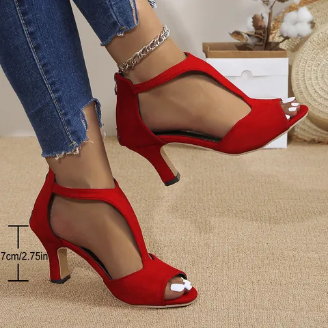 Women Peep Toe Stiletto Sandals Suede T-Strap High Heel Shoes With Back Zipper Elegant Dress Party Pumps